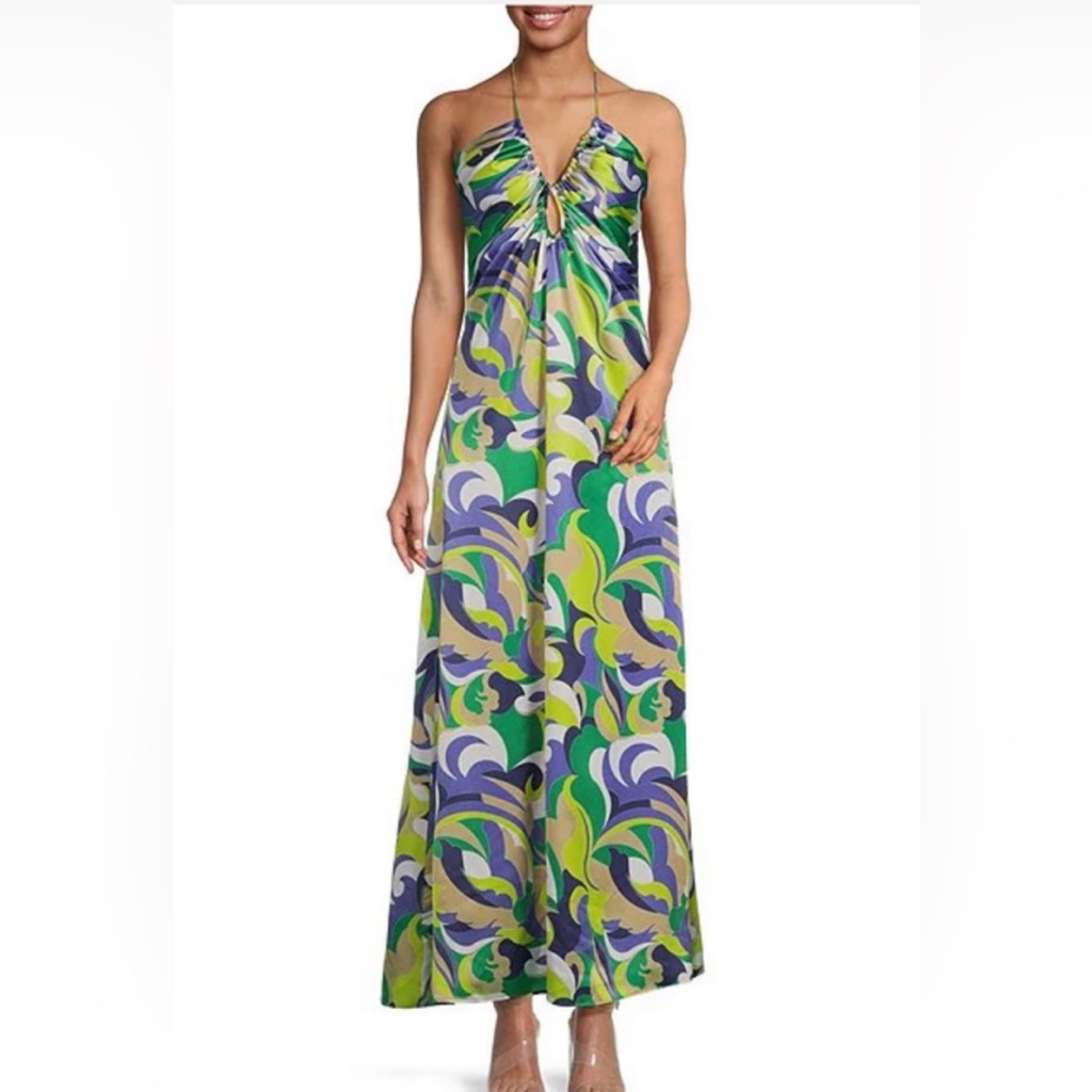 Gianni Bini Zenya Satin Swirl Pattern Cut Out Maxi Halter Dress